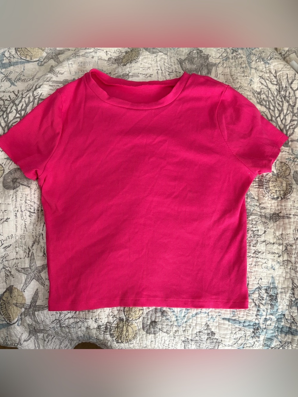 Bright Pink Ribbed CroppedShort-Sleeve Top